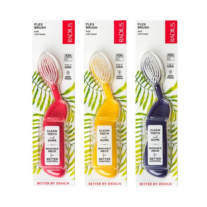 Radius Toothbrush Flex Brush, Left Hand - 3 Pack in Assorted Colors, BPA Free and ADA Accepted, Designed to Improve Gum Health and Reduce The Risk of Gum Disease